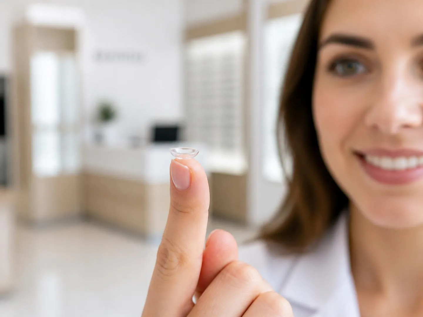 Lente de contacto blanda sobre el dedo de una optometrista en la consulta