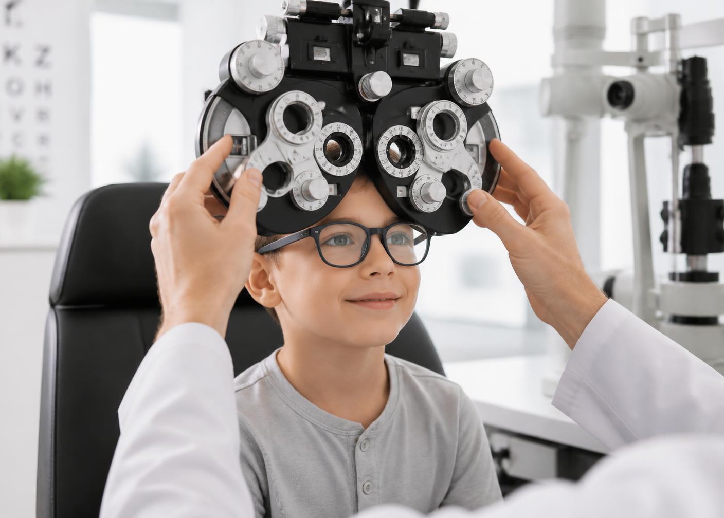 Niño con gafas durante una revisión de control de miopía en la óptica