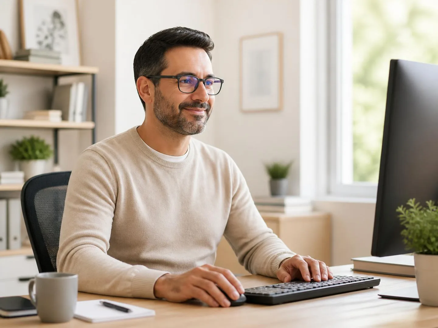 Hombre con gafas ocupacionales trabajando cómodamente frente al ordenador
