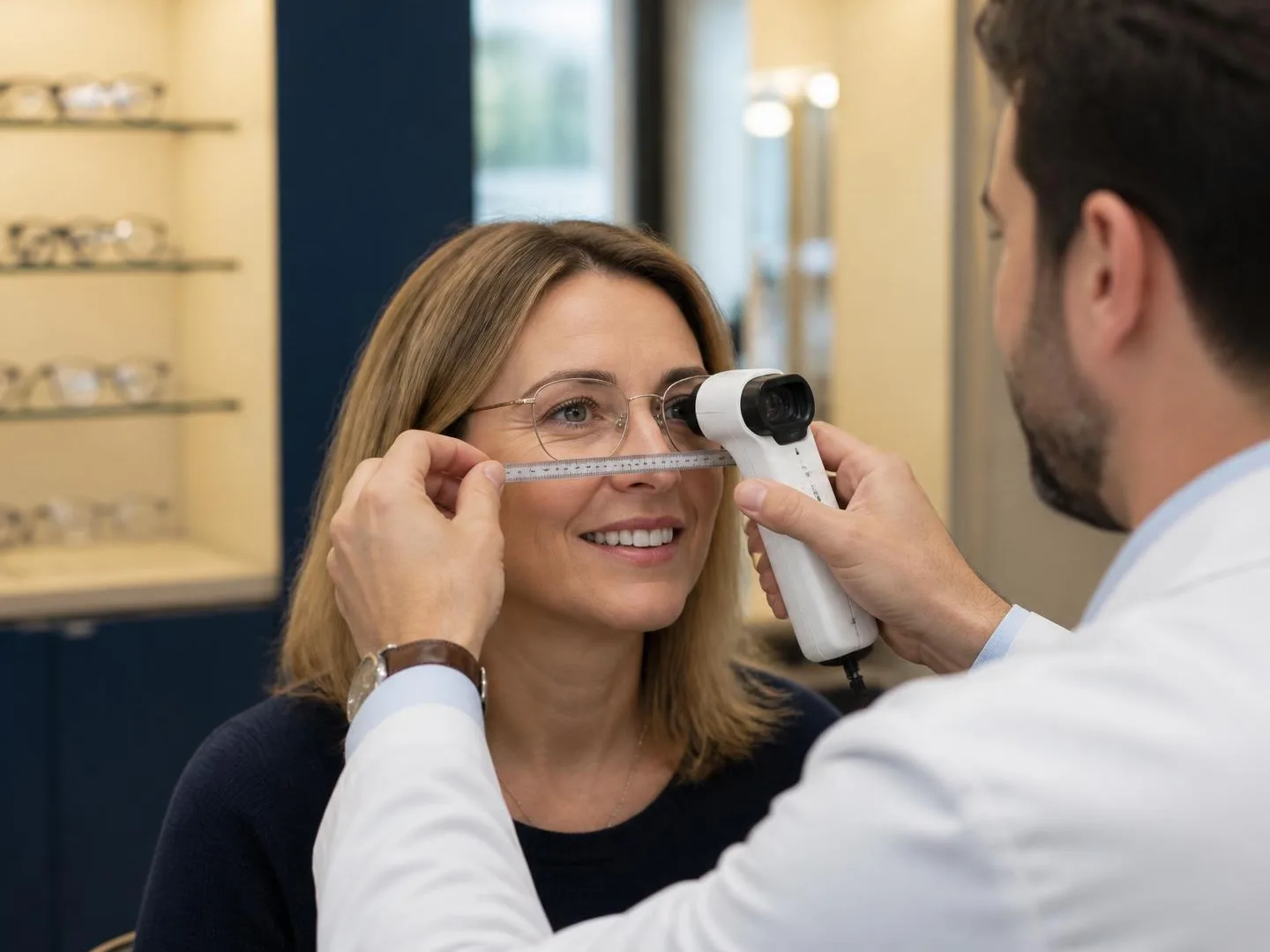 Óptico midiendo los centros pupilares de una clienta con gafas progresivas
